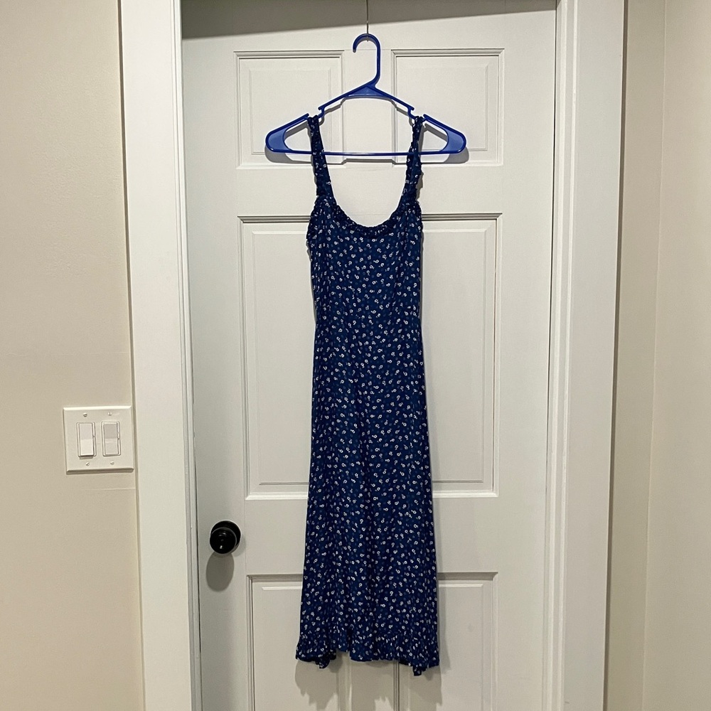 Faithfull the Brand Navy Floral Midi Dress with Ruffled Straps